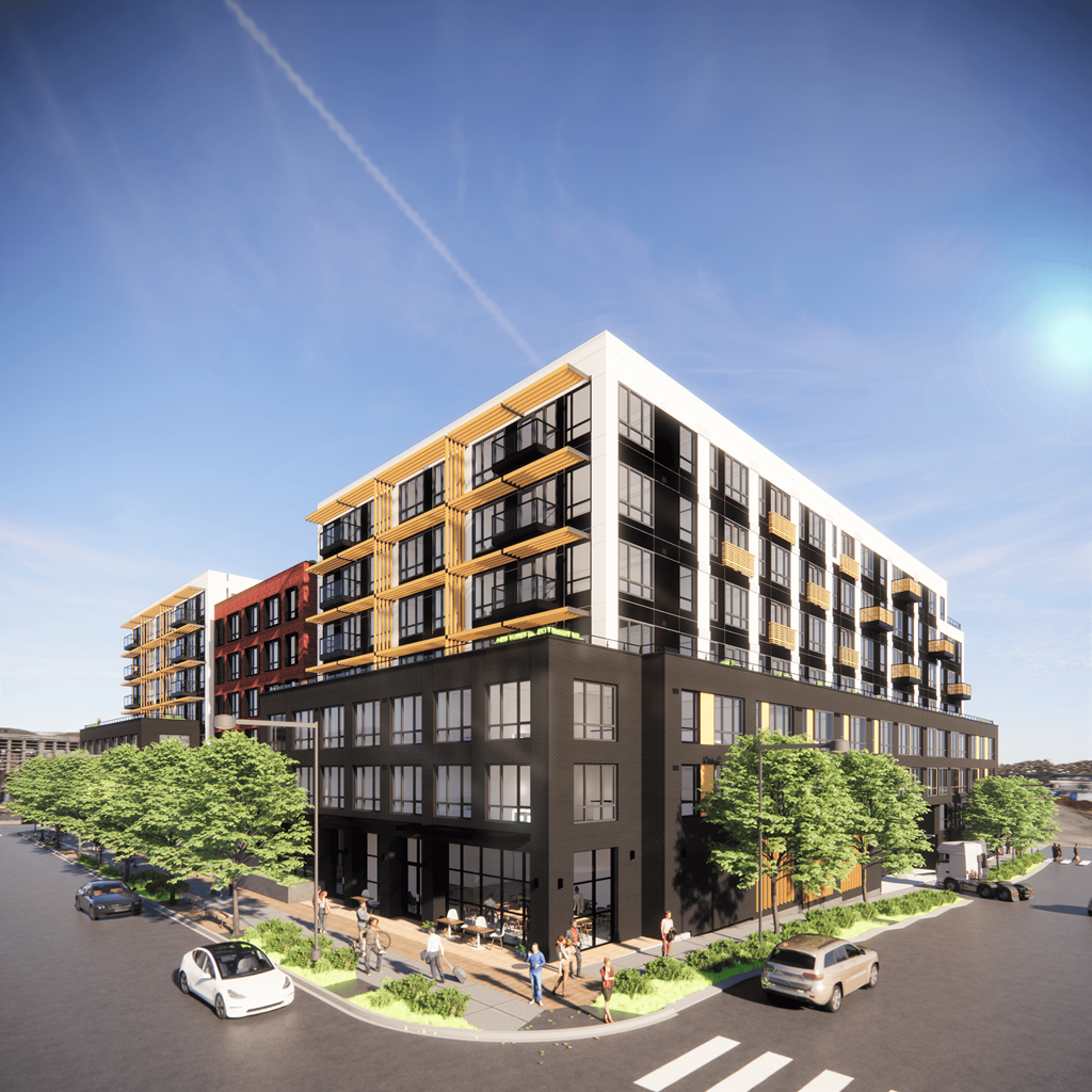 A modern multi-story building with a mix of black and wood paneling is depicted in a sunny, clear day.